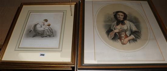 Pair of Regency aquatints of mothers and children and 3 other prints, various (5, framed)